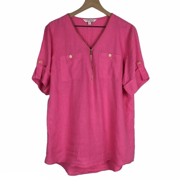 ELLEN TRACY Linen Tunic Top Pink Gold Zipper Short Sleeve Lightweight Size Large - Picture 9 of 9